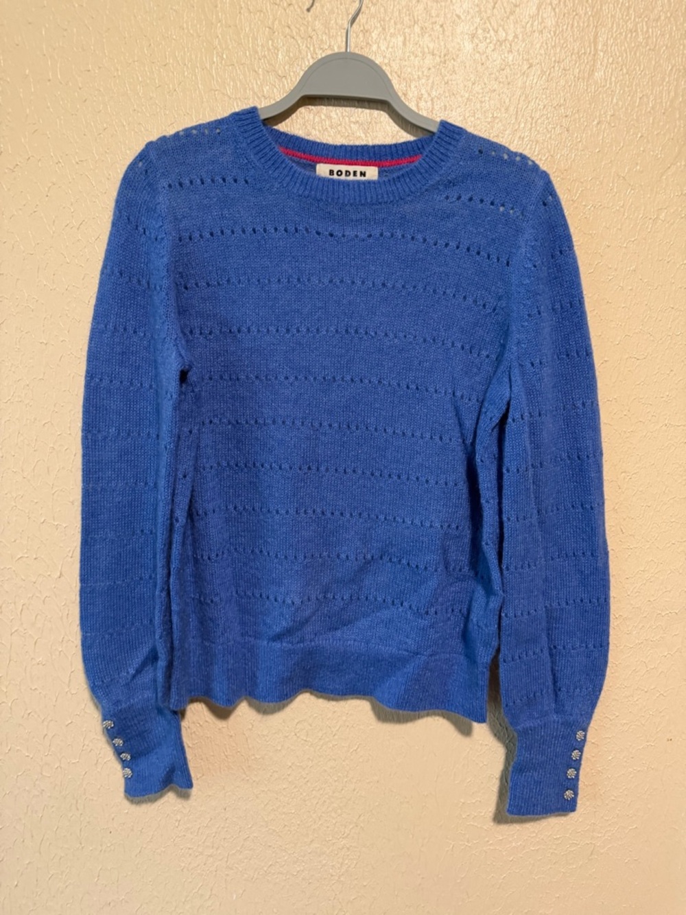 Boden Jumper Sweater Size Medium Blue Ribbed Knit Jewel Cuff Wool Mohair